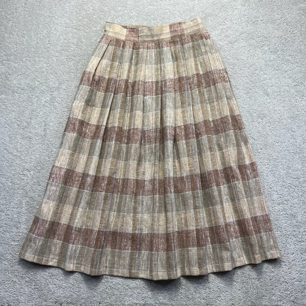 VINTAGE Louben Midi Skirt Womens Size 13/14 Brown Tan Plaid Pleated Linen Blend